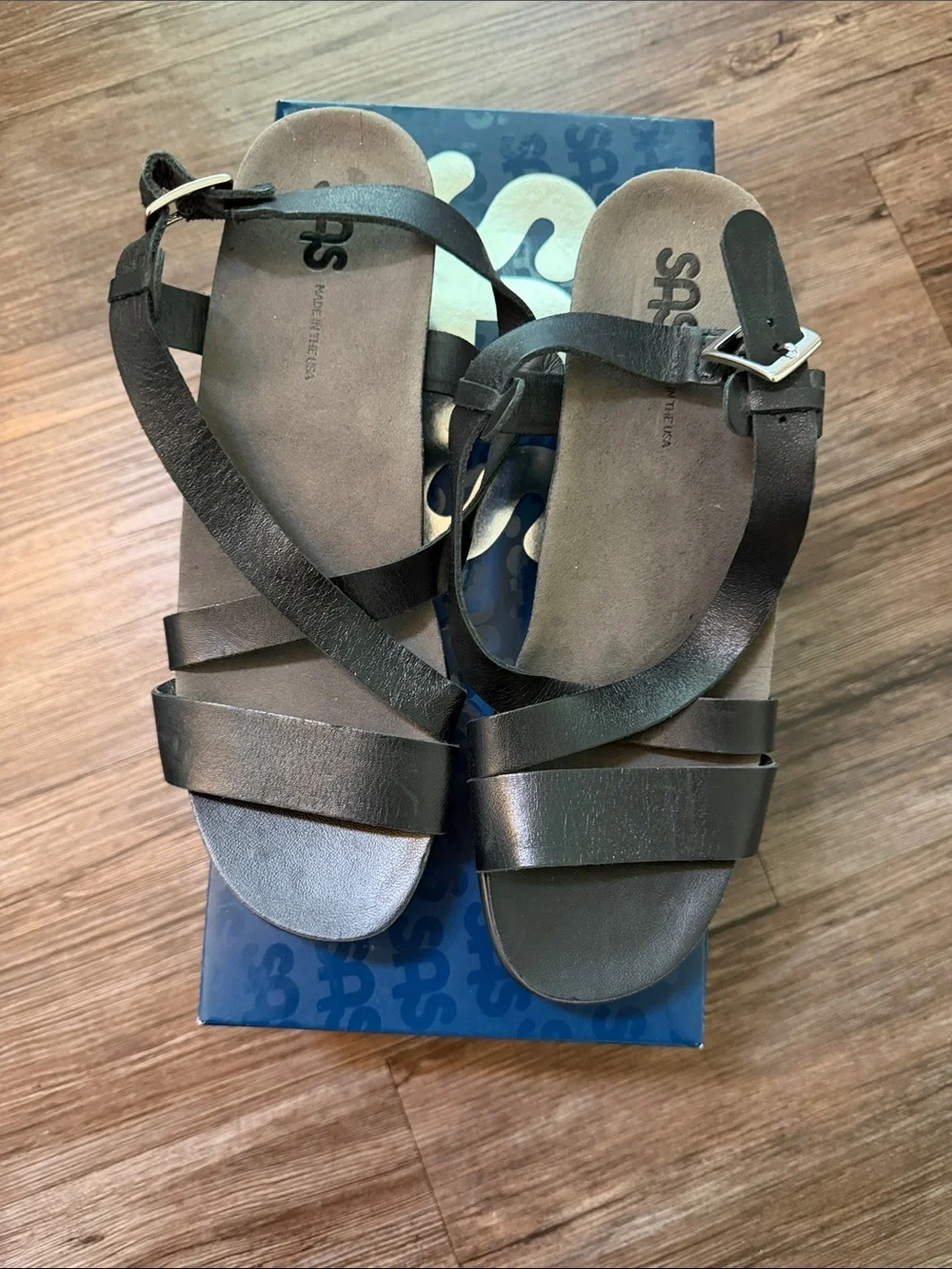Vintage SAS Black Leather Low Heel Strappy Sandals